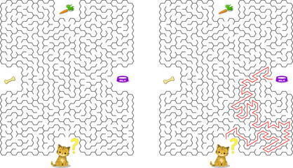 Chose right item and help cat pass through maze to find its food. Hard riddle for clever kids and pupils. Feed the hungry kitten labyrinth with solution isolated on white background.