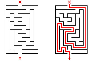 Vector vertical rectangular labyrinth with entry and exit. Difficulty level - easy. Children logic game. Not hard riddle solated on white background for kids and parents with solution