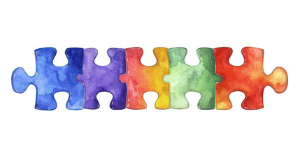 Colorful puzzle pieces, rainbow hues, watercolor effect