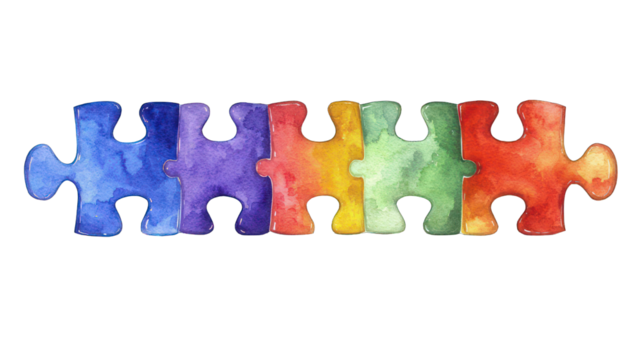 Colorful puzzle pieces, rainbow hues, watercolor effect