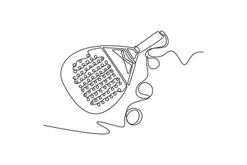 two balls and a padel tennis racket. padel concept. Single line draw design. Vector graphic illustration