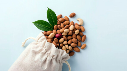 Almonds and mixed nuts spilling from a reusable cloth bag, top-down flat lay view