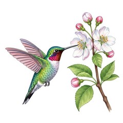 Multicolored hummingbird extends its beak towards beautiful apple blossoms on a branch against white background