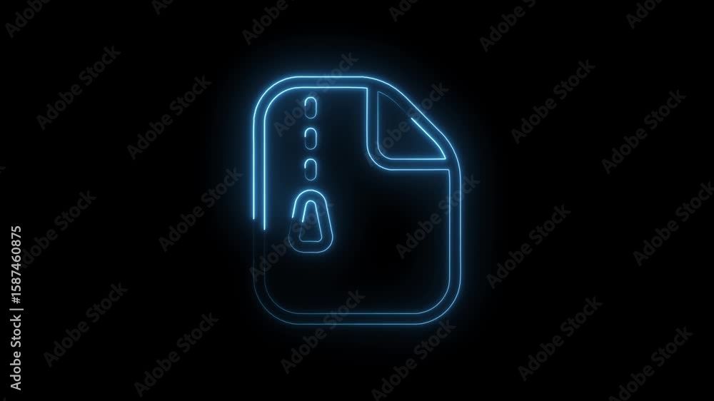 Poster glowing neon zip file icon animation on black background for data compression and archiving