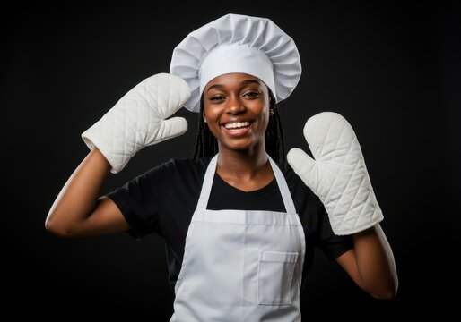 A happy female chef wearing a white toque and large quilted oven mitts, ready to cook - Powered by Adobe
