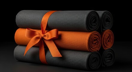Stacked rolled fabric in gray and orange tied with an orange ribbon presents well