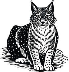 Obraz premium Black and white illustration of a spotted lynx sitting feline wildcat