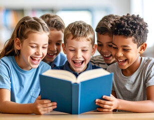 Group of students reading a book aloud, showing a happy expression, elementary school theme, educational and playful concept, commercial stock photo style