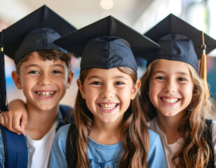 Group of students wearing graduation cap, showing a playful expression, elementary school theme, educational and playful concept, commercial stock photo style