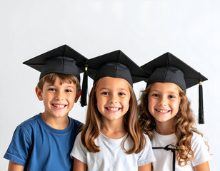 Group of students wearing graduation cap, showing a playful expression, elementary school theme, educational and playful concept, commercial stock photo style