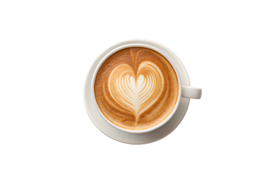 Perfect latte art heart design in white ceramic coffee cup on matching saucer, isolated on a transparent background - Powered by Adobe