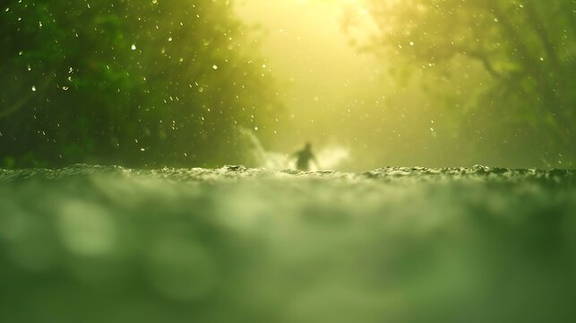 Surfer silhouetted against golden light in a misty tropical jungle waterfall