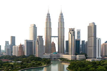 Modern city skyline featuring twin towers and skyscrapers with water view, isolated on a transparent background