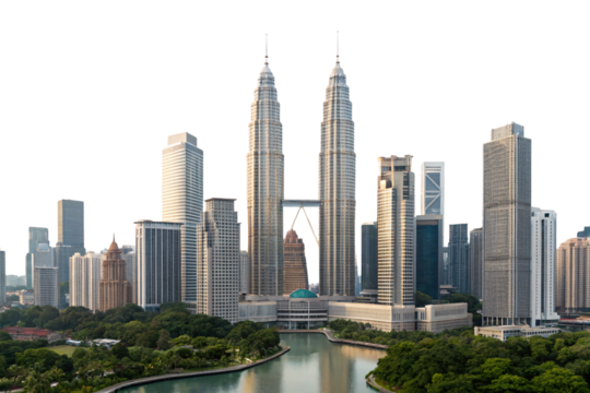 Modern city skyline featuring twin towers and skyscrapers with water view, isolated on a transparent background