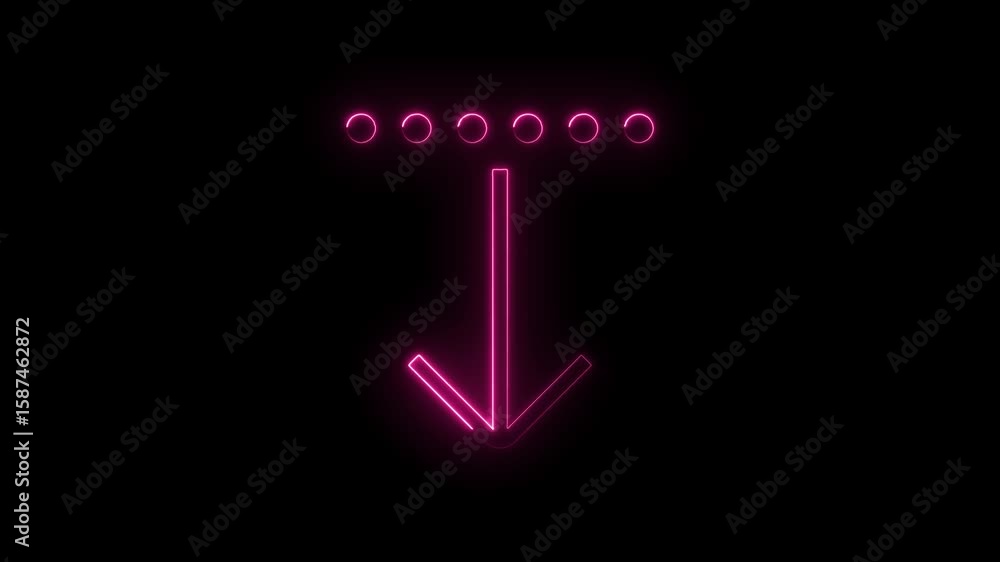 Poster glowing pink neon arrow animation with loading dots on black background for technology templates