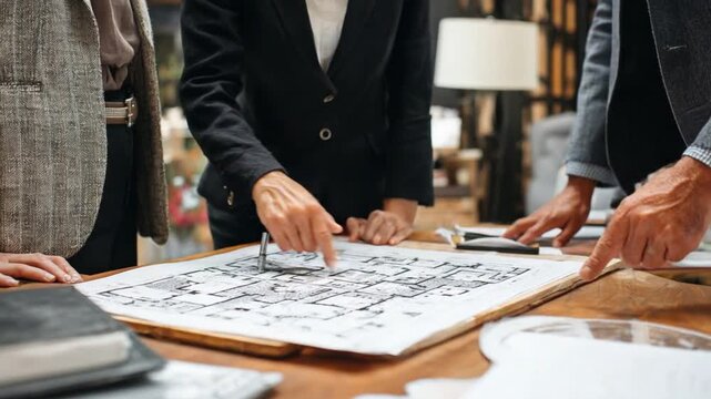 Teamwork in Architectural Design: Professionals Collaborating on Blueprint