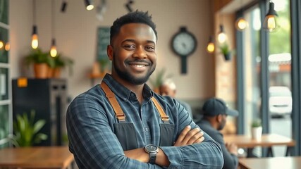 A confident barista with arms crossed smiles warmly at the camera inside a modern cafe