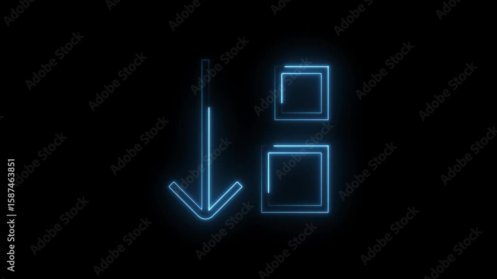 Poster glowing neon style arrow and squares on black background for technological download and sorting conc