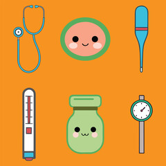 Cute Cartoon Medical Icon Set Featuring Stethoscope, Thermometer, and Medicine Bottle on Orange Background