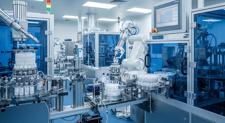 Automated robotic arm processes vials of liquid inside a clean pharmaceutical manufacturing facility