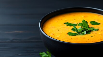 Hearty lentil soup garnished with fresh parsley in a black bowl