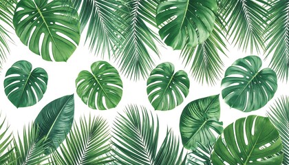 Tropical leaves arranged on a white background