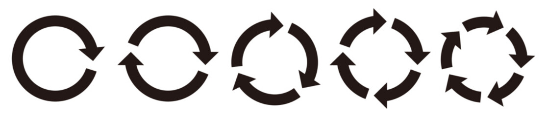 シンプルな 回転する矢印（サイクル矢印）のセット1　黒