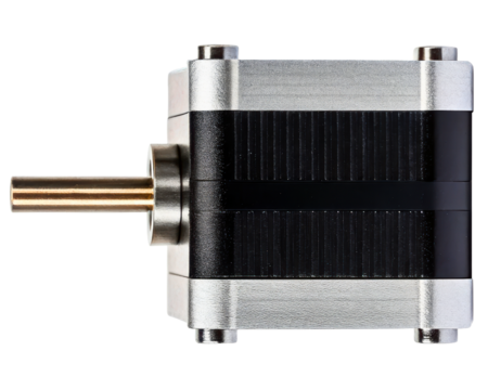 Stepper motor with metal fins and protruding shaft for precision motion control on a transparent background