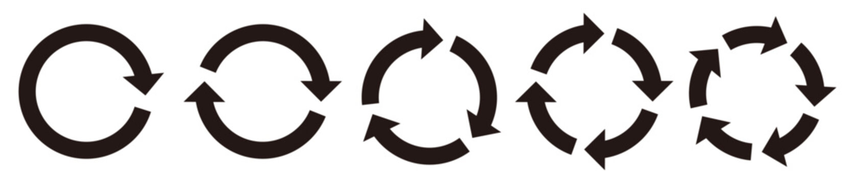 シンプルな 回転する矢印（サイクル矢印）のセット1　黒