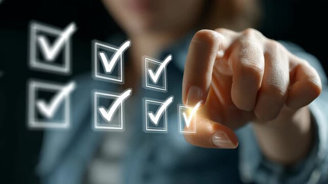 Digital procurement with hand selection of checkbox on virtual transparent screen showing progress and approval in business process management