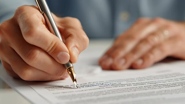 Signing contract with pen on paper showing digital procurement process for business document hand writing signature agreement
