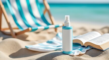 Relaxing beach scene with sunscreen bottle open book and striped lounge chair by the ocean