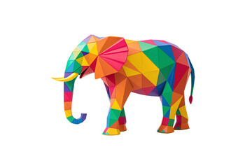 Geometric polygonal elephant design featuring vibrant triangular facets in rainbow color spectrum, isolated on a transparent background