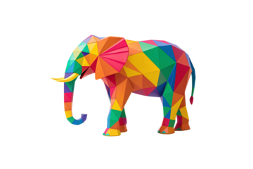 Geometric polygonal elephant design featuring vibrant triangular facets in rainbow color spectrum, isolated on a transparent background