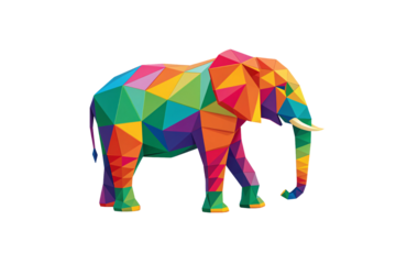Colorful low-poly elephant artwork with geometric triangular patterns in rainbow gradient colors, isolated on a transparent background