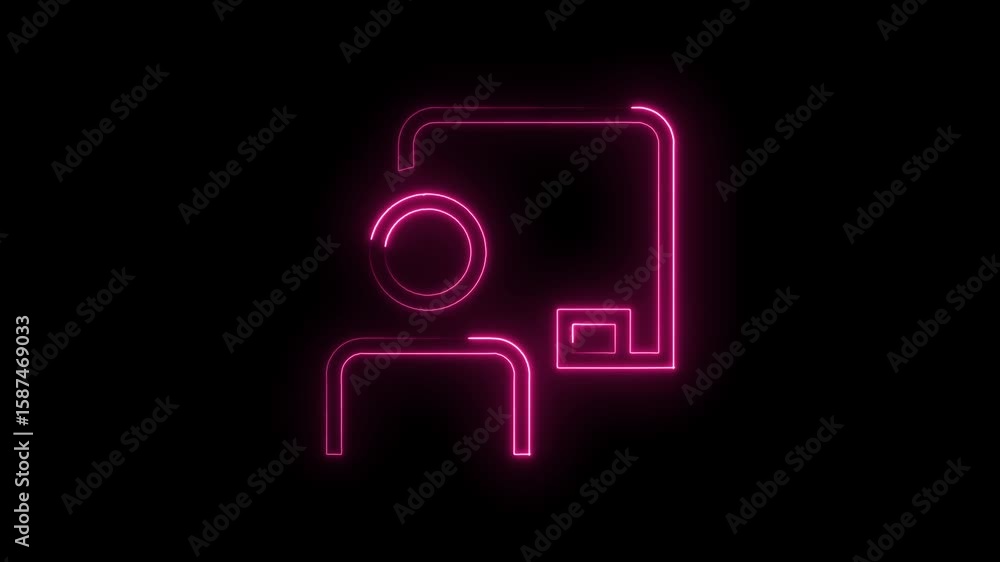 Aufkleber glowing neon man icon working at computer station on black background animated loop