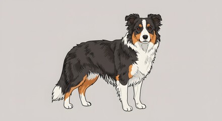 Illustration of a Standing Border Collie Dog on a Light Gray Background