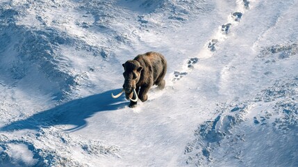 Naklejka premium Woolly mammoth walking across snowy landscape leaving footprints in snow