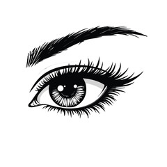 Detailed black and white illustration of a human eye with long lashes and a thick eyebrow iris pupil