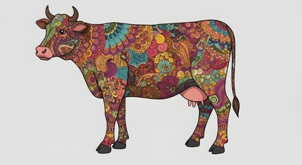 Intricate Floral Pattern Cow Illustration