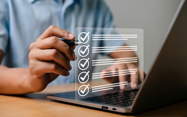 Checklist on laptop complete task management digital to do list concept idea