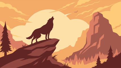 Wolf howling silhouette vector illustration in mountain landscape background at sunset or sunrise scene