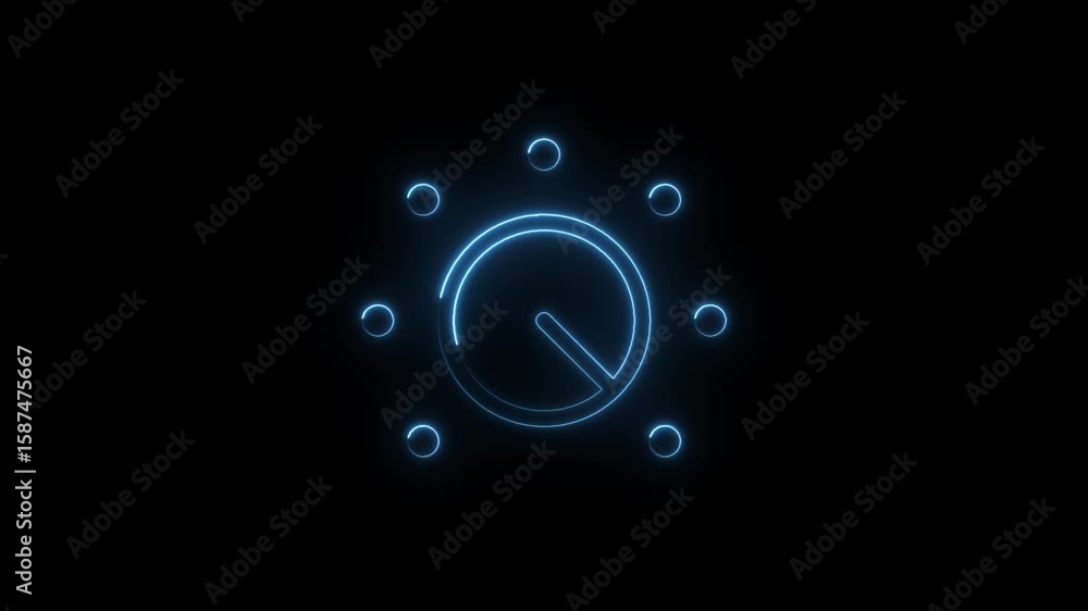 Poster neon illuminated circular abstract design with eight smaller circular lights on black backdrop