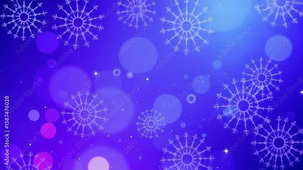 Poster a festive blue and purple abstract background with glowing bokeh lights and delicate snowflake patte