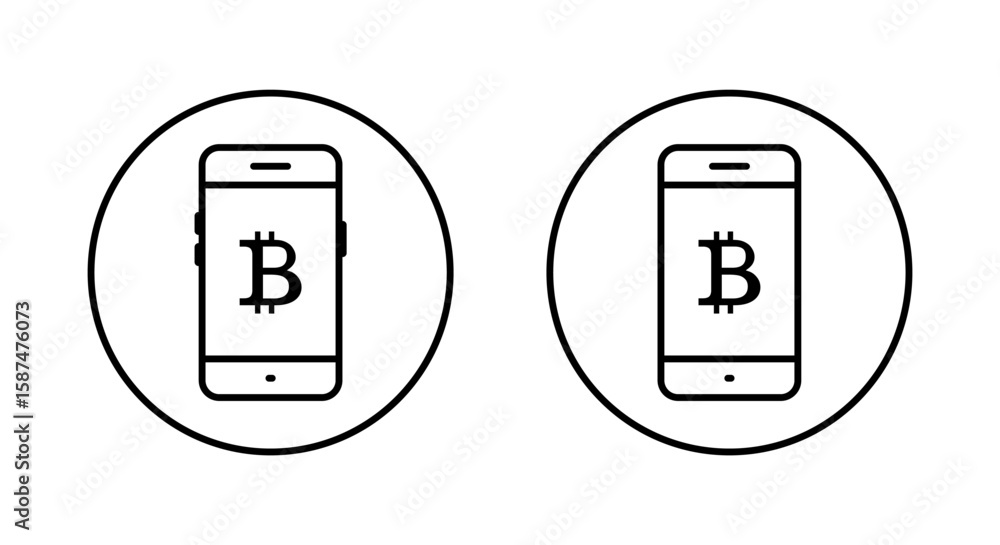 Poster mobile phone with bitcoin icon. crypto transaction and digital currency concept in circular outline