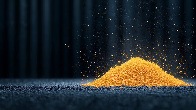 Golden orbs cascade down a dark surface amidst floating particles