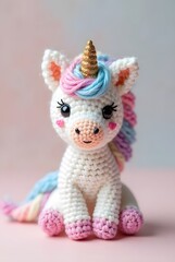 Fototapeta premium 3D crochet unicorn keychain with a soft, pastel-colored mane that gradates from pale pink to baby blue, adorned with a sparkly, glittery horn that catches the light
