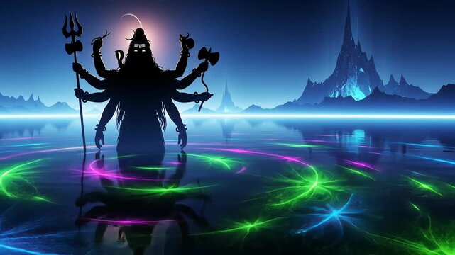 Lord Shiva silhouette standing in cosmic water, Hindu deity Lord Shiva with multiple arms holding trident, spiritual divine background 4K Video