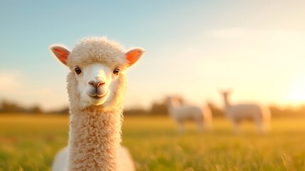 Close up portrait of a fluffy alpaca in a golden field at sunset