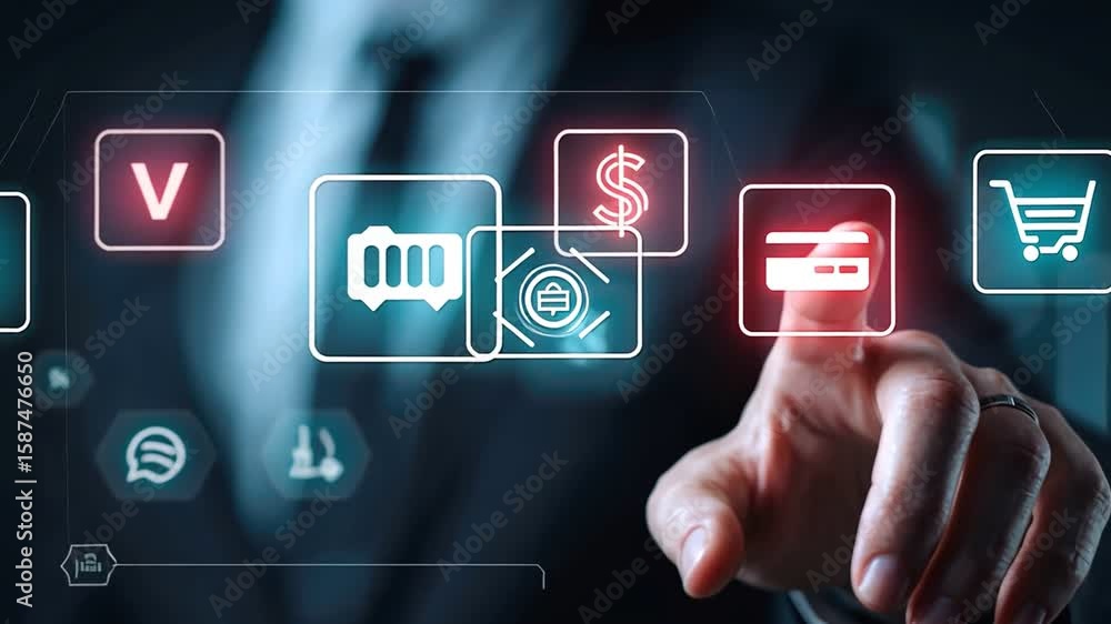 Poster digital payment interface: a hand interacts with a futuristic digital interface, showcasing icons re